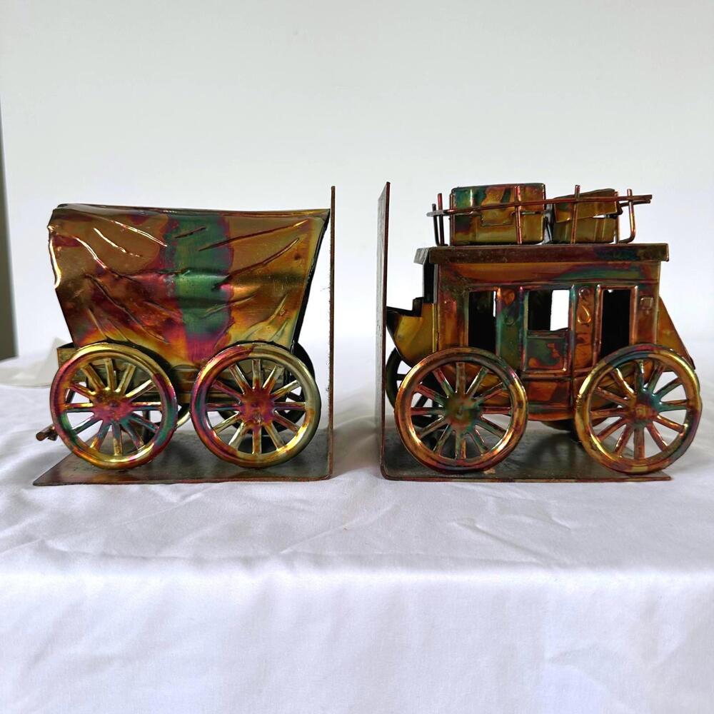 Vintage Metal Stagecoach and Wagon Bookends - Great Condition